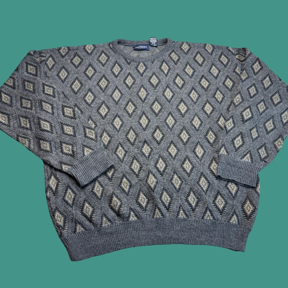 Vintage Van Heusen Sweater XL Mens Gray Diamond Textured Knit Grandpa Preppy 90s